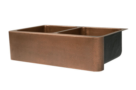 Copper Hammered Double Farmhouse Sink - 838mm by Savile Row - copper double bowl farmhouse sink with hammered finish - Angled view - double bowl copper farmhouse sink with hammered finish