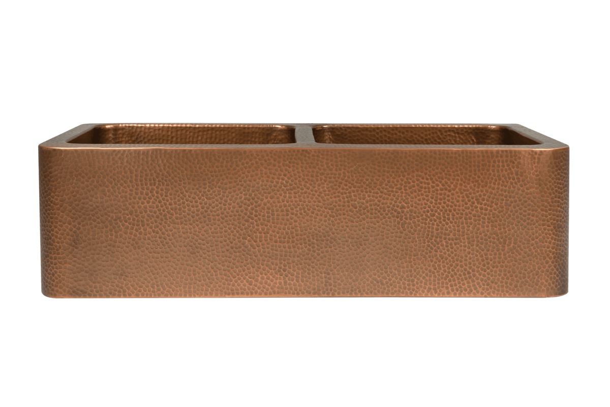 Copper Hammered Double Farmhouse Sink - 838mm by Savile Row - copper double bowl farmhouse sink with hammered finish - Front view - double bowl copper farmhouse sink with hammered finish