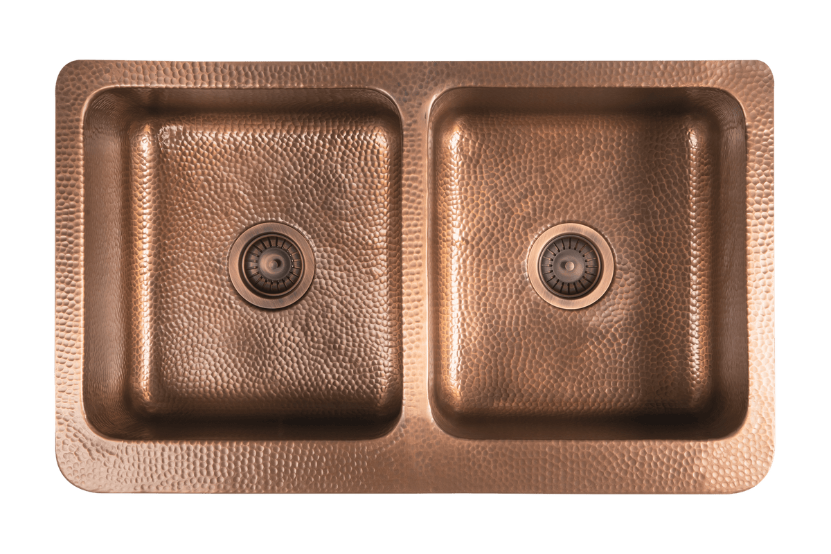 Copper Hammered Double Farmhouse Sink - 838mm by Savile Row - copper double bowl farmhouse sink with hammered finish - Top-down view with waste - double bowl hammered copper sink