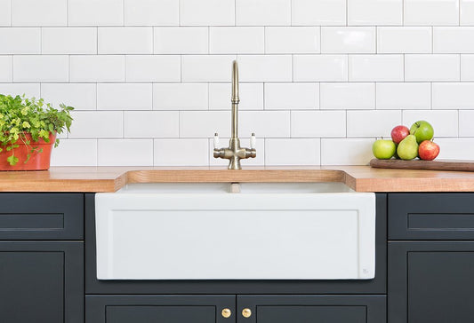 Country Farmhouse Double Sink - 833mm by Savile Row - double bowl fireclay farmhouse sink - installed lifestyle view
