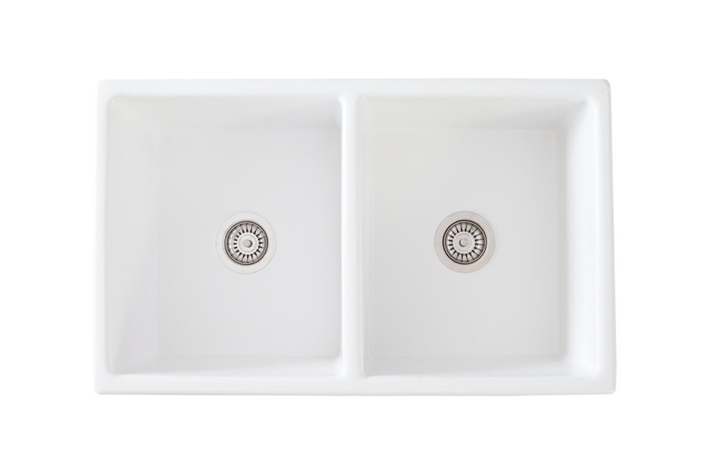 Country Farmhouse Double Sink - 833mm by Savile Row - double bowl fireclay farmhouse sink - top-down view with waste