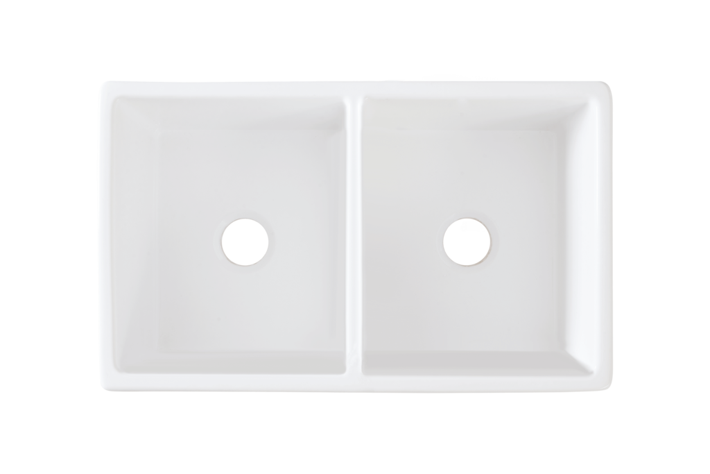 Country Farmhouse Double Sink - 833mm by Savile Row - double bowl fireclay farmhouse sink - top-down view without waste