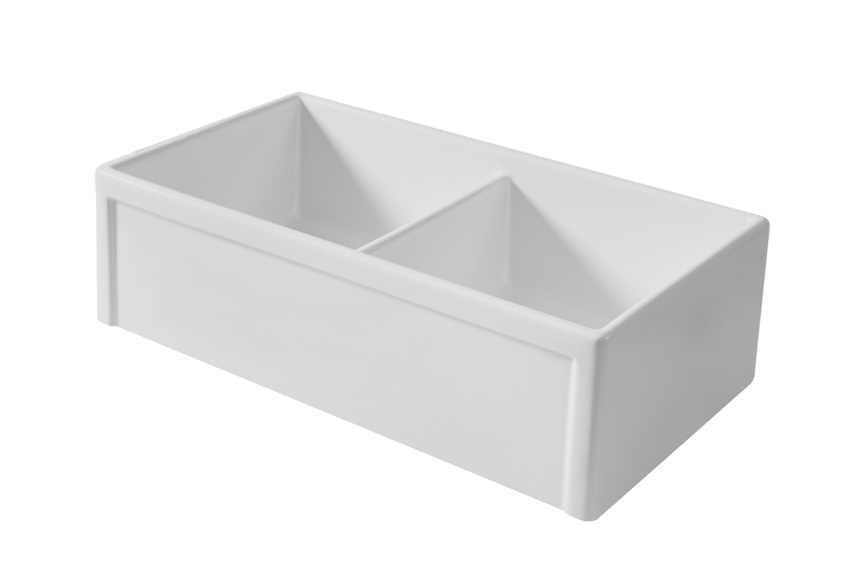 Country Farmhouse Double Sink with Offset Bowl - 838mm by Savile Row - double offset bowl fireclay farmhouse sink - angled view