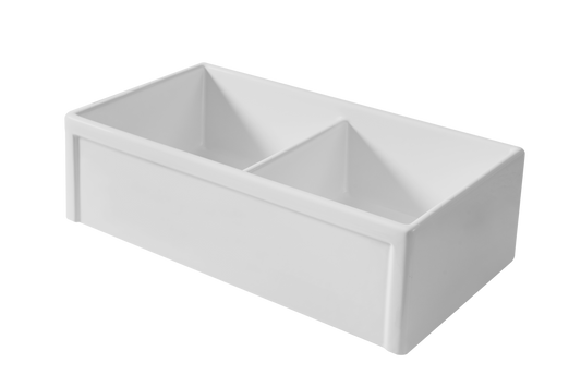 Country Farmhouse Double Sink with Offset Bowl - 838mm by Savile Row - double offset bowl fireclay farmhouse sink - angled view