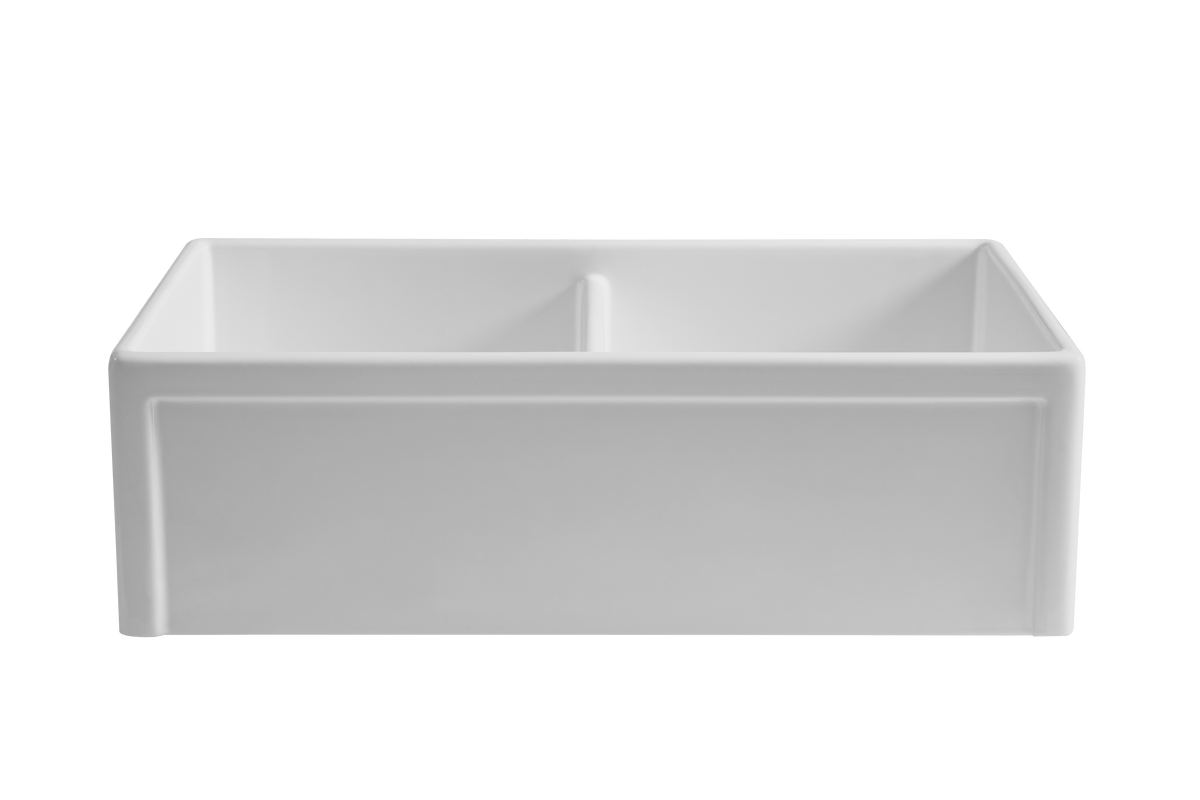 Country Farmhouse Double Sink with Offset Bowl - 838mm by Savile Row - double offset bowl fireclay farmhouse sink - opposite angled view