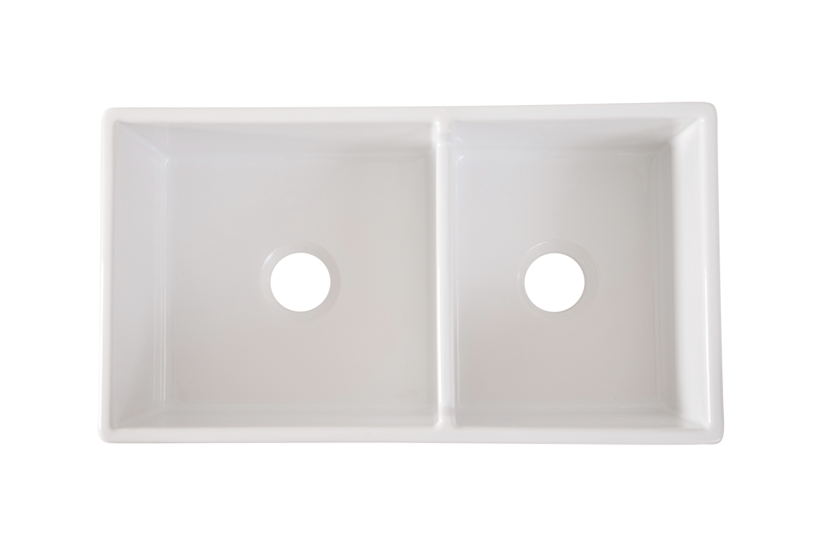 Country Farmhouse Double Sink with Offset Bowl - 838mm by Savile Row - double offset bowl fireclay farmhouse sink - top-down view without waste