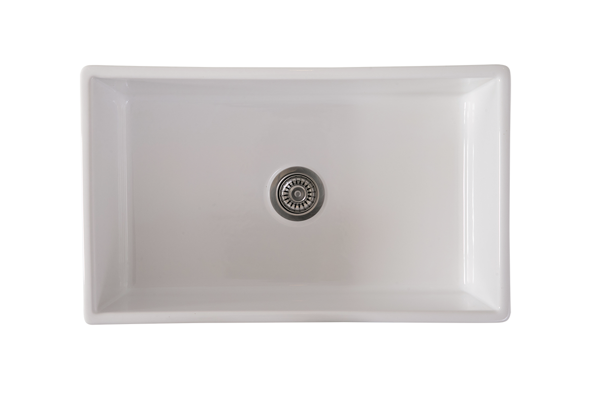 Country Farmhouse Large Single Bowl Sink - 838mm by Savile Row - single bowl fireclay farmhouse sink - top-down view with waste