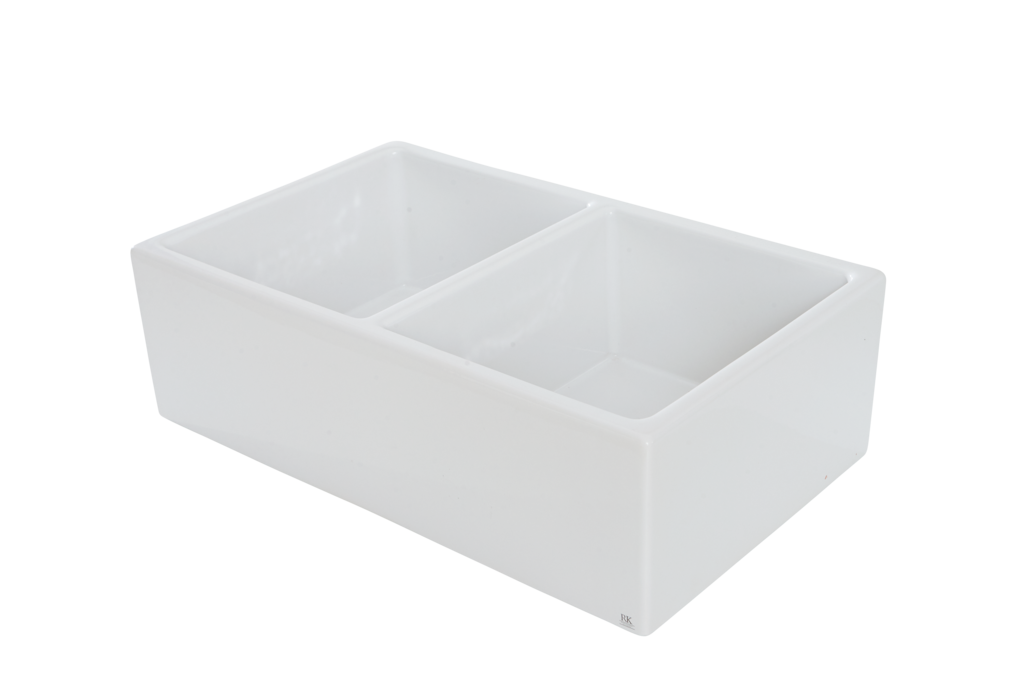 Double Bowl Farmhouse Sink - 833mm by Savile Row - angled view showing both bowls