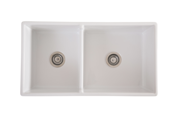 Double Farmhouse Sink with Offset Bowl - 838mm by Savile Row - top-down view with waste