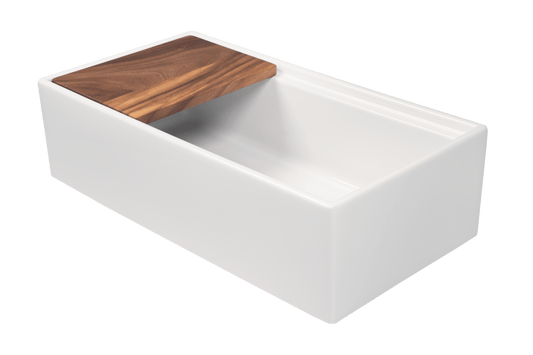 Farmhouse Sink with Chopping Board & Grid - Offset Waste by Savile Row - angled view from opposite side