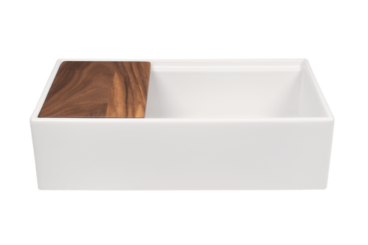 Farmhouse Sink with Chopping Board & Grid - Offset Waste by Savile Row - angled view
