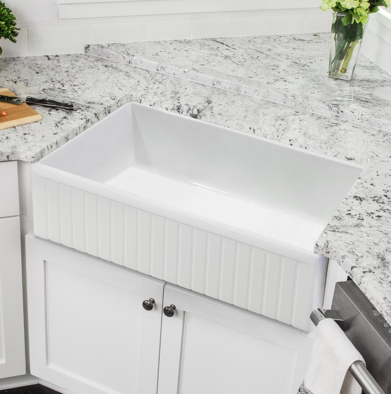 Large Single Bowl 838 mm Narrow Fluted Farmhouse Sink by Savile Row - installed lifestyle view