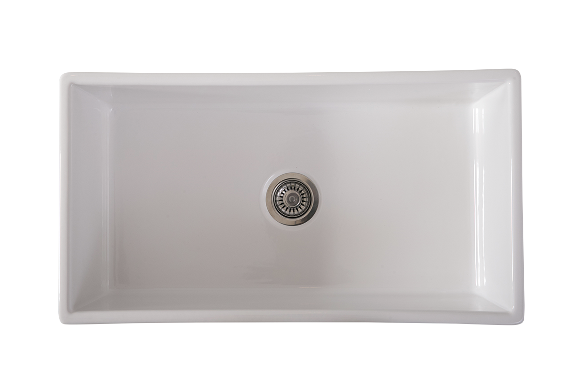 Large Single Bowl 838 mm Narrow Fluted Farmhouse Sink by Savile Row - top-down view with waste