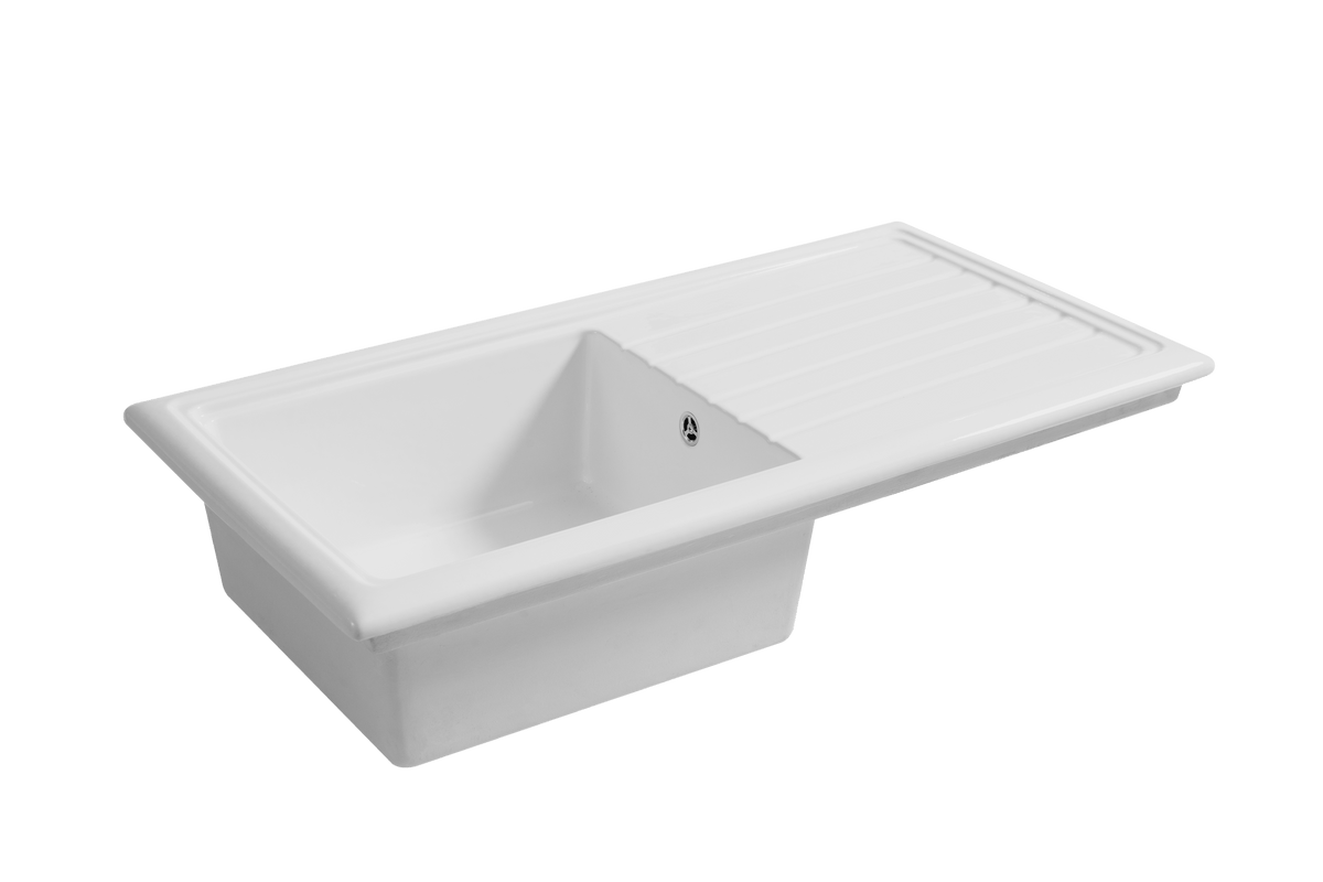 Soho 1.0 - Ceramic Kitchen Sink & Drain Board by Savile Row - angled view - single bowl ceramic sink with drainboard