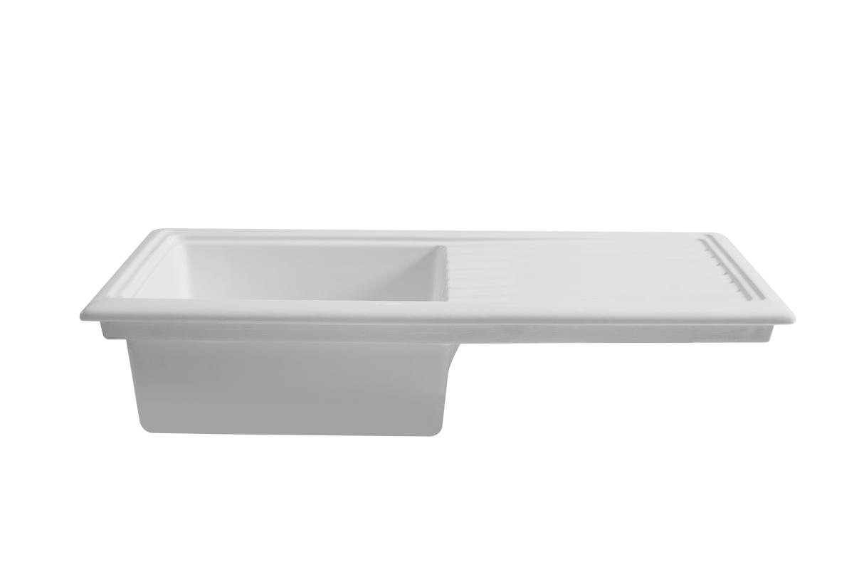 Soho 1.0 - Ceramic Kitchen Sink & Drain Board by Savile Row - front angled view - single bowl ceramic sink with drainboard