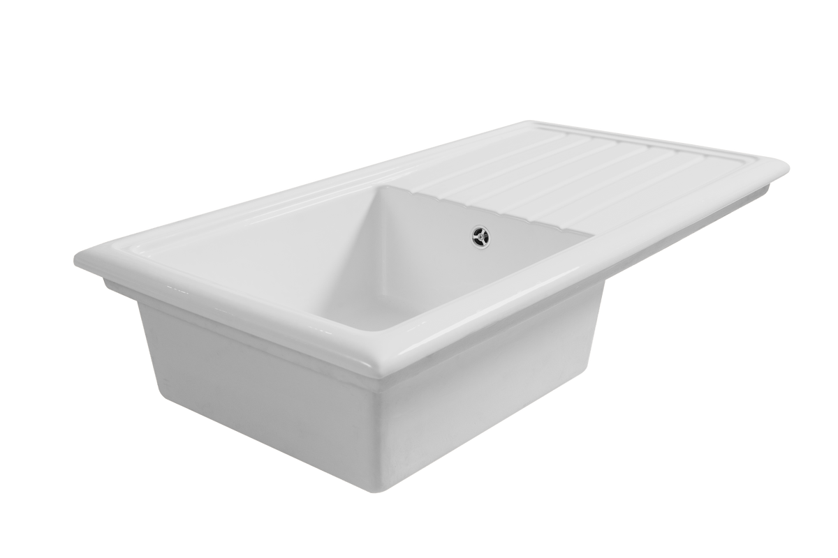 Soho 1.0 - Ceramic Kitchen Sink & Drain Board by Savile Row - opposite angled view - single bowl ceramic sink with drainboard