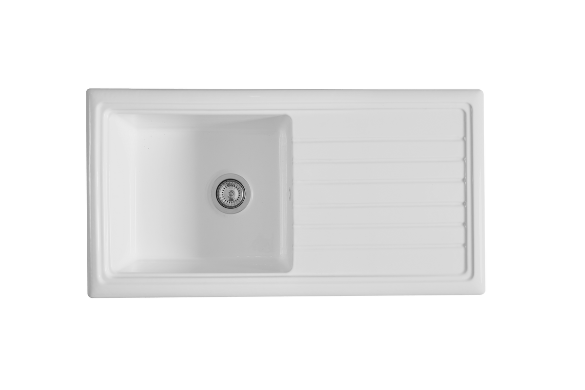 Soho 1.0 - Ceramic Kitchen Sink & Drain Board by Savile Row - top view with waste