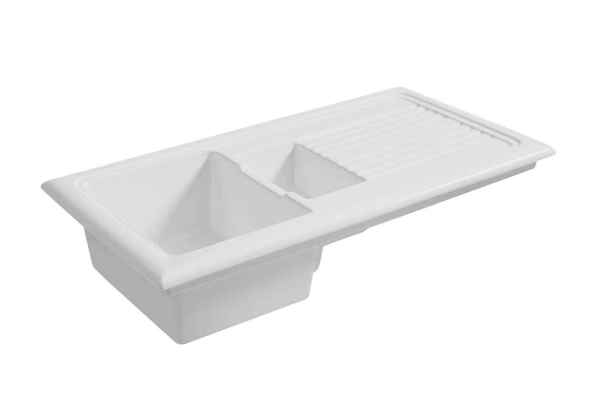 Soho 1.5 - Ceramic Kitchen Sink 1.5 Bowl And Drain Board by Savile Row - angled view - 1.5 bowl ceramic sink with drainboard