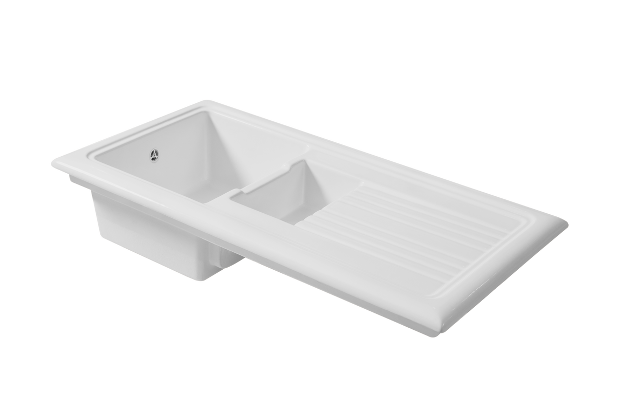 Soho 1.5 - Ceramic Kitchen Sink 1.5 Bowl And Drain Board by Savile Row - front angled view