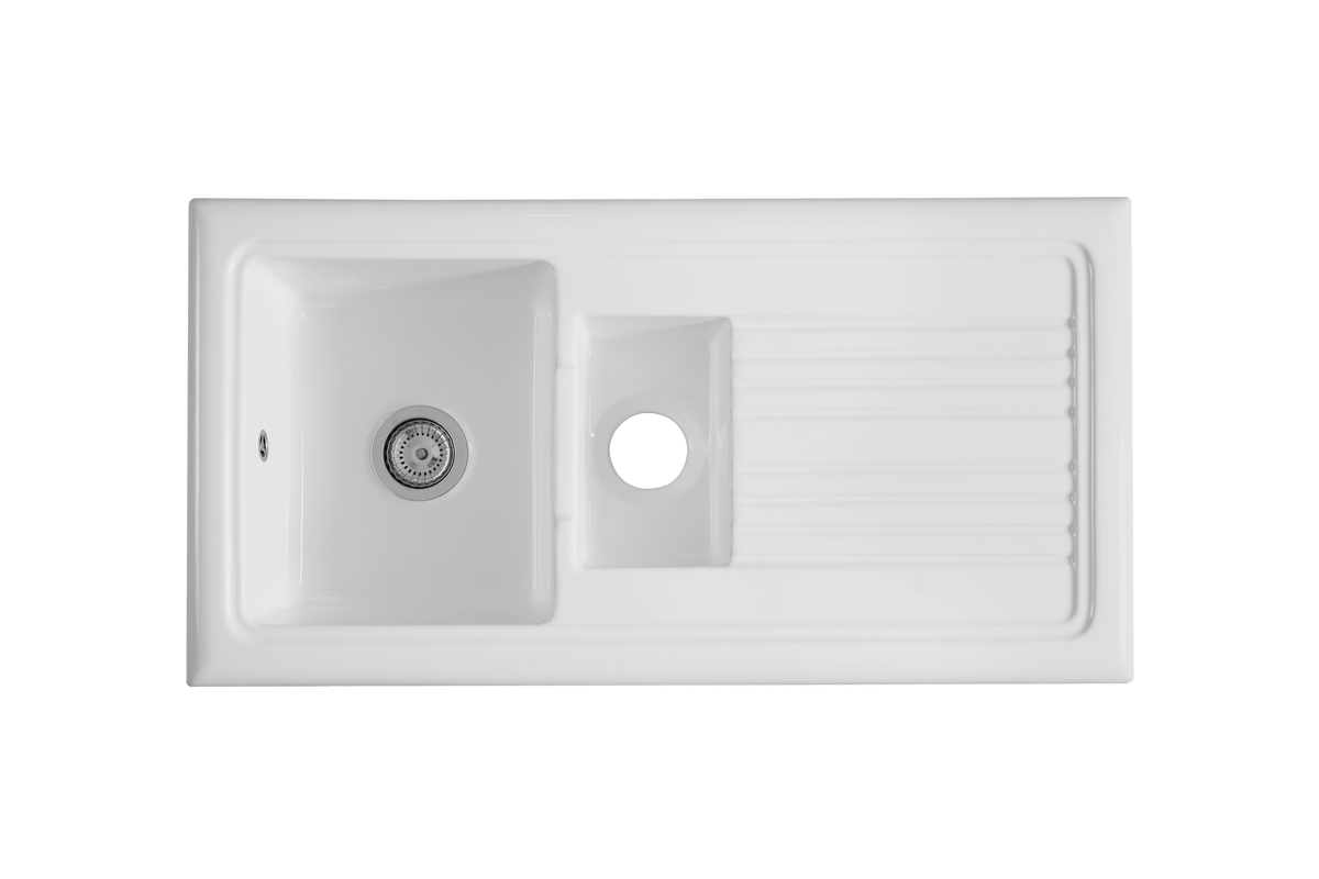 Soho 1.5 - Ceramic Kitchen Sink 1.5 Bowl And Drain Board by Savile Row - top view with waste