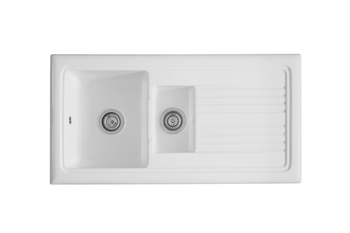 Soho 1.5 - Ceramic Kitchen Sink 1.5 Bowl And Drain Board by Savile Row - top view with wastes