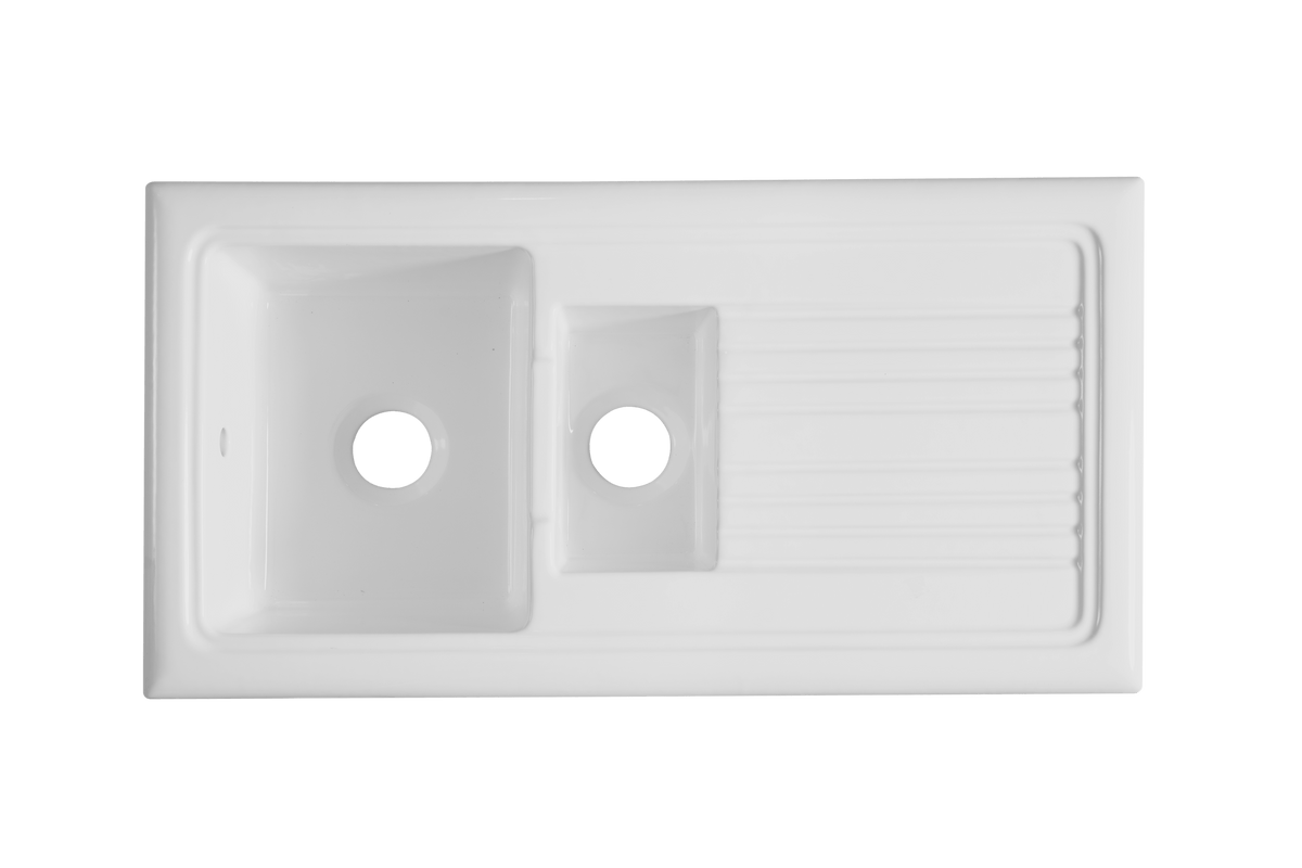 Soho 1.5 - Ceramic Kitchen Sink 1.5 Bowl And Drain Board by Savile Row - top view without waste