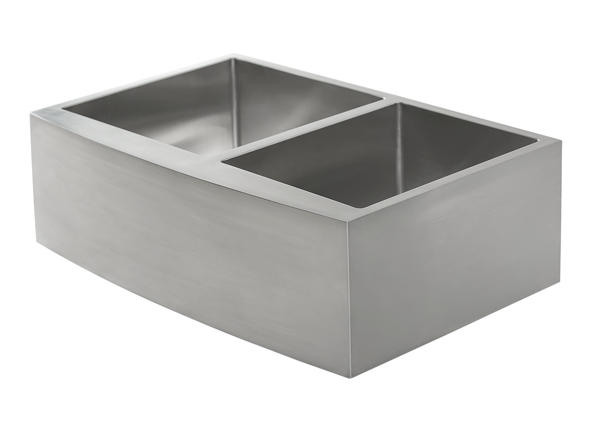 Stainless Steel Double Butler Sink with Offset Bowl - 838mm by Savile Row - double offset bowl stainless steel farmhouse sink - angled view