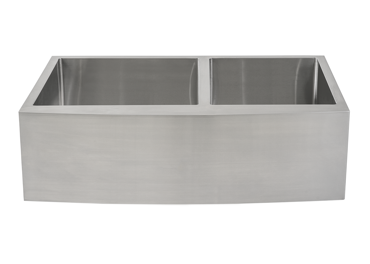 Stainless Steel Double Butler Sink with Offset Bowl - 838mm by Savile Row - double offset bowl stainless steel farmhouse sink - front view