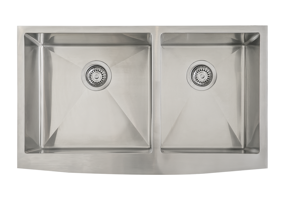 Stainless Steel Double Butler Sink with Offset Bowl - 838mm by Savile Row - double offset bowl stainless steel farmhouse sink - top-down view with waste