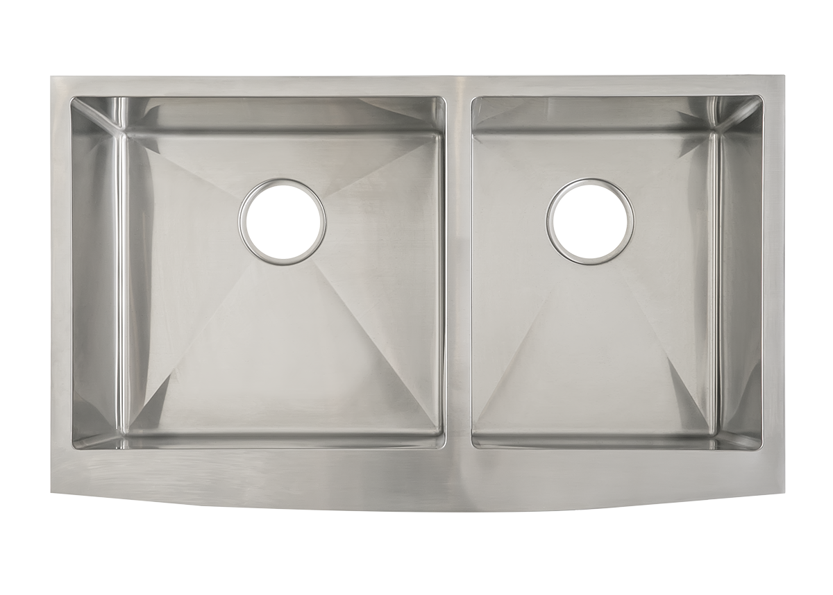 Stainless Steel Double Butler Sink with Offset Bowl - 838mm by Savile Row - double offset bowl stainless steel farmhouse sink - top-down view without waste