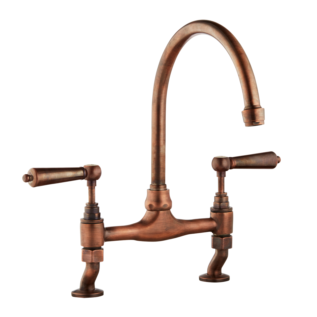 Traditional Kitchen Bridge Mixer Tap by Renaissance - Antique Copper / Metal Lever - front view