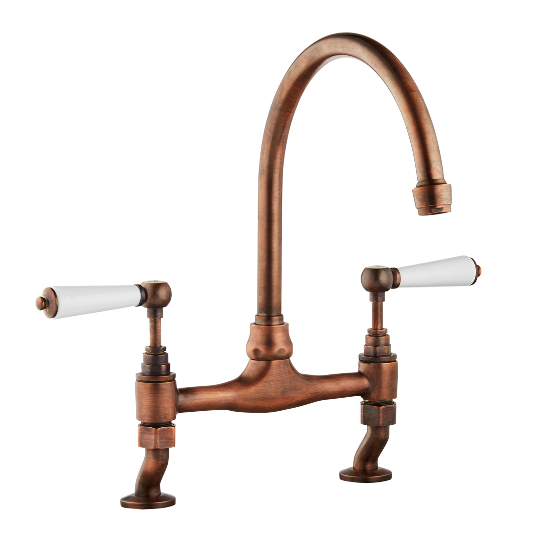 Traditional Kitchen Bridge Mixer Tap by Renaissance - Antique Copper / Porcelain Levers - front view