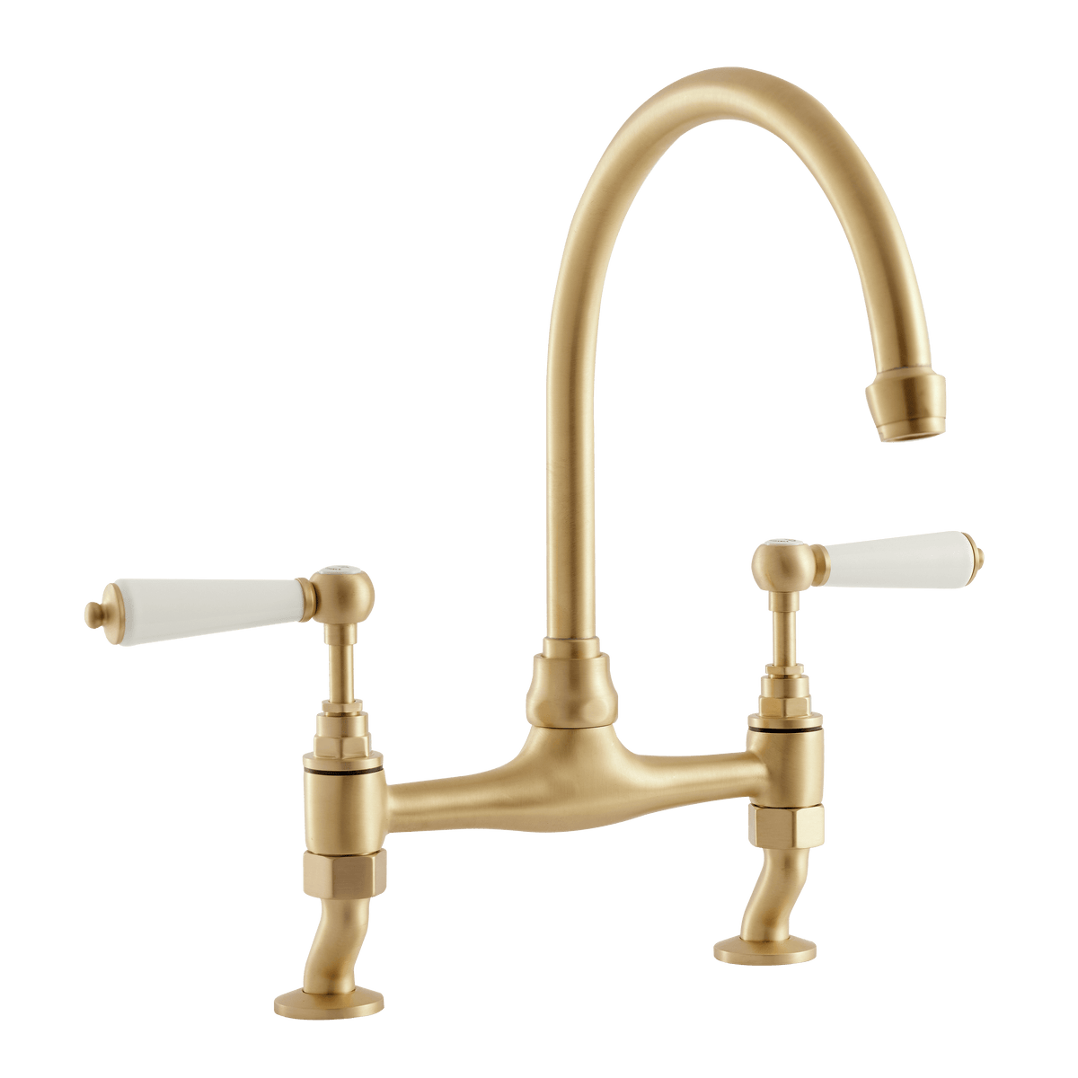 Traditional Kitchen Bridge Mixer Tap by Renaissance - Brushed Brass / Porcelain Levers - front view