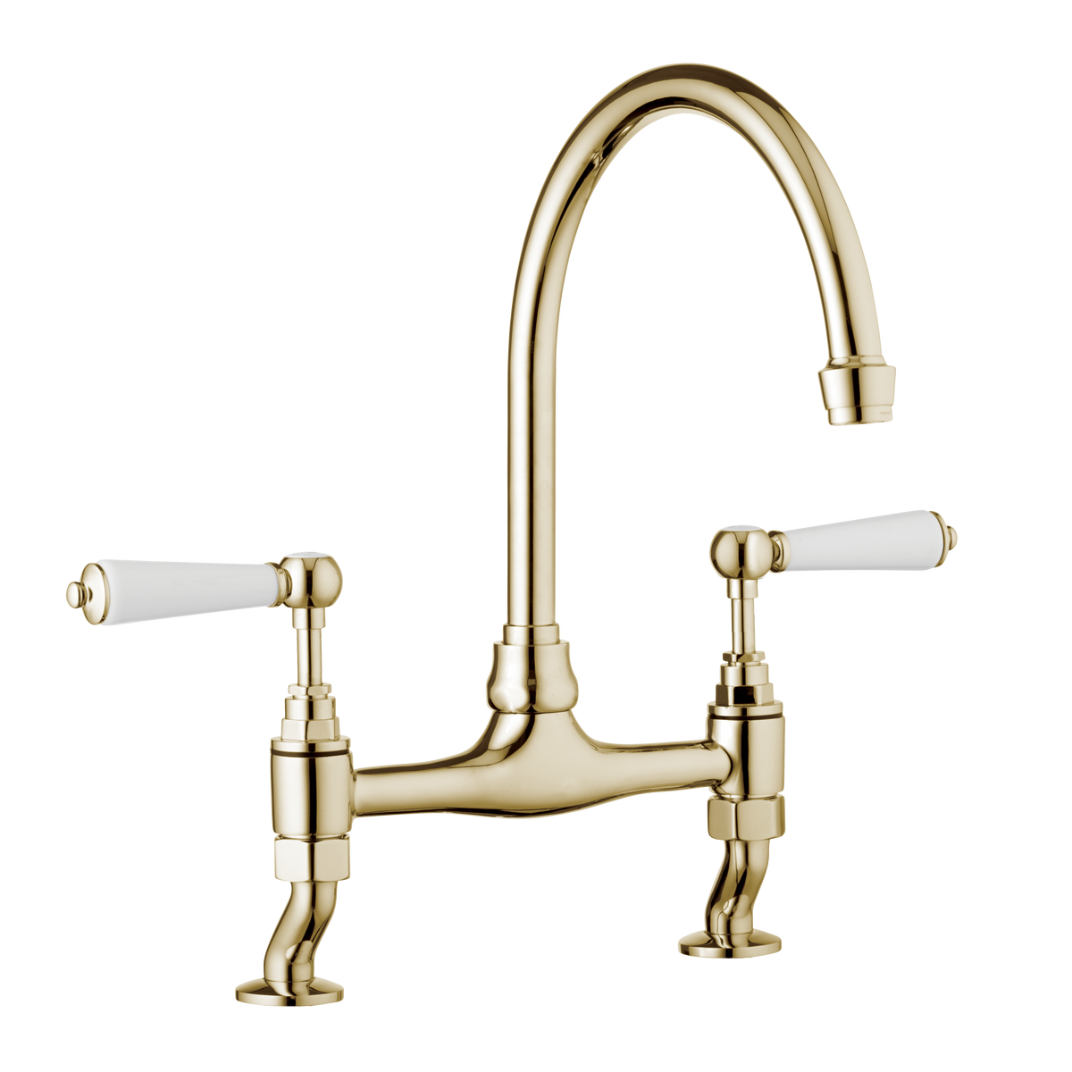 Traditional Kitchen Bridge Mixer Tap by Renaissance - Gold / Porcelain Levers - front view