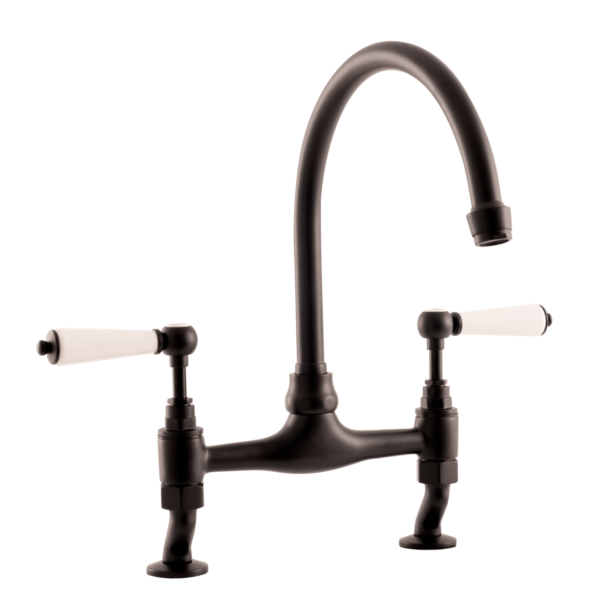Traditional Kitchen Bridge Mixer Tap by Renaissance - Matte Black / Porcelain Levers - front view