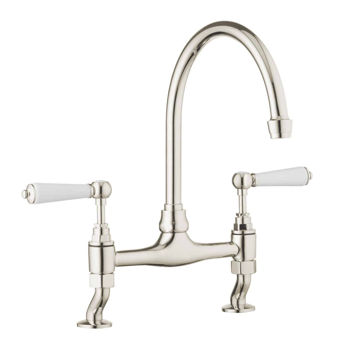 Traditional Kitchen Bridge Mixer Tap by Renaissance - Nickel / Porcelain Levers - front view