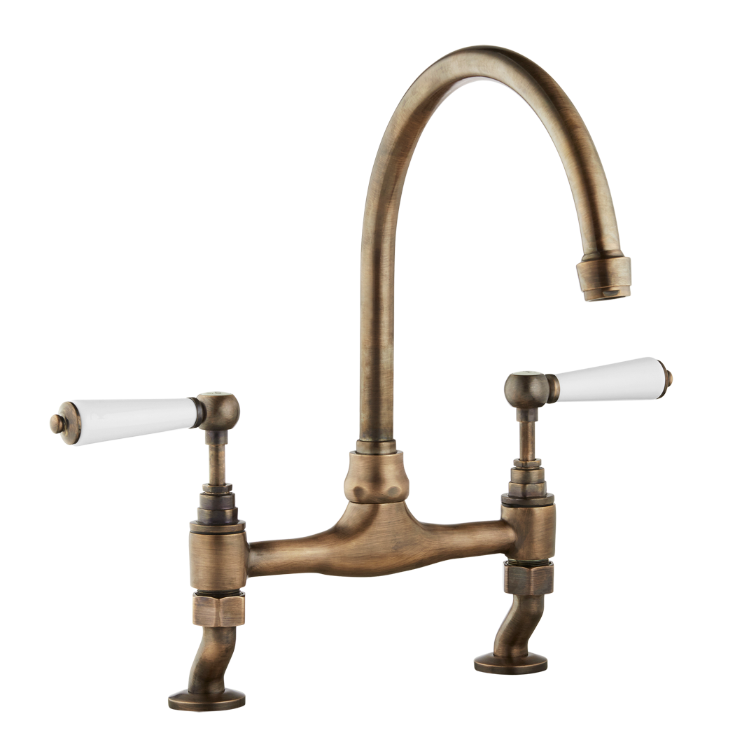 Traditional Kitchen Bridge Mixer Tap by Renaissance - Rubbed Bronze / Porcelain Levers - front view