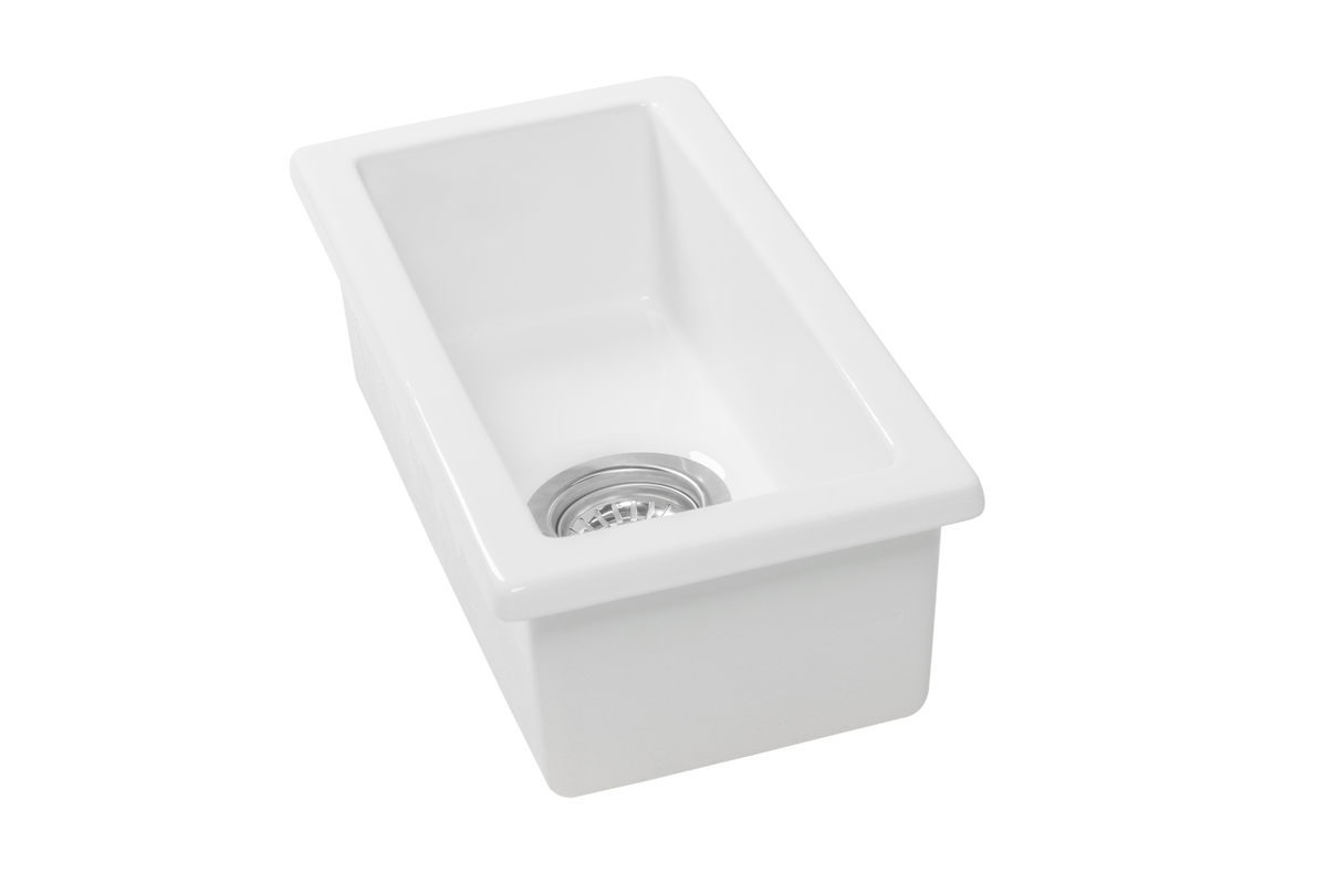 Undermount Fireclay Kitchen Sink Side Bowl - 250mm by Savile Row - angled view with waste - small rectangular fireclay sink