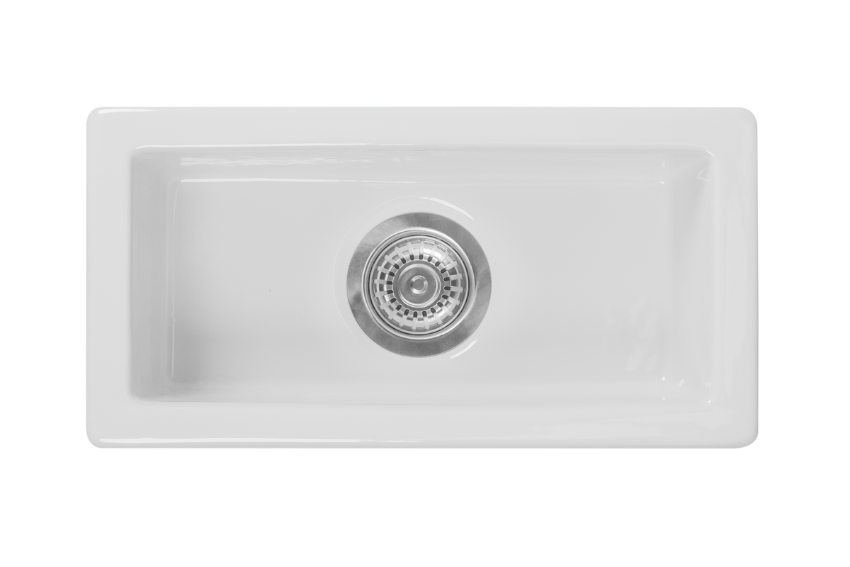 Undermount Fireclay Kitchen Sink Side Bowl - 250mm by Savile Row - top close-up with chrome waste