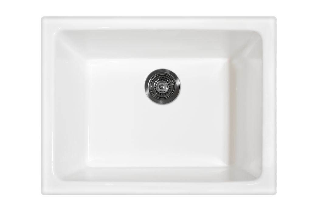 Undermount Fireclay Sink - 610mm by Savile Row - top view with waste - white ceramic sink