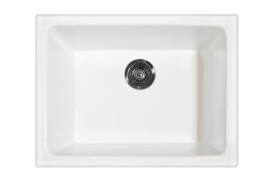 Undermount Fireclay Sink - 610mm by Savile Row - top view with waste - white ceramic sink