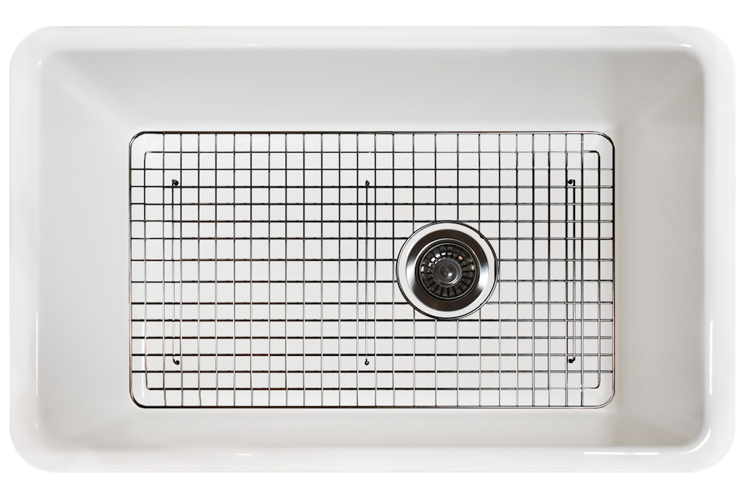 Undermount Fireclay Sink - 790mm by Savile Row - top view with protective grid and waste
