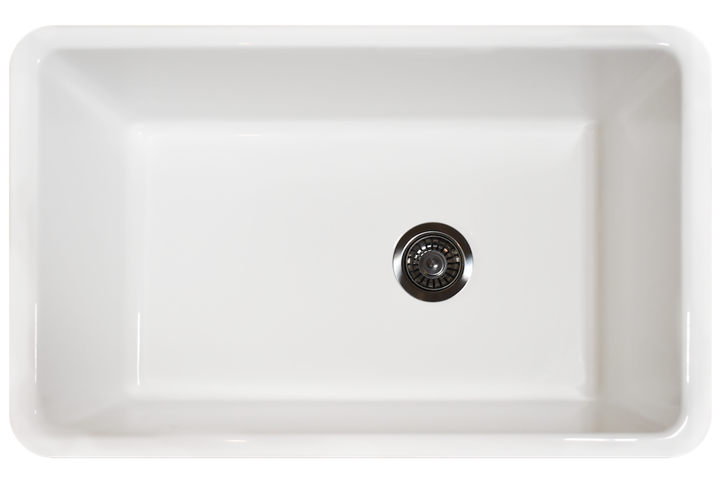 Undermount Fireclay Sink - 790mm by Savile Row - top view with waste - white ceramic sink