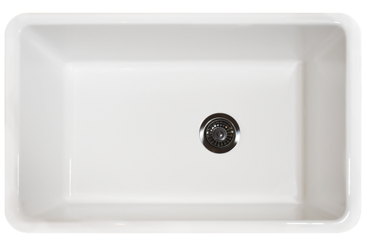 Undermount Fireclay Sink - 790mm by Savile Row - top view with waste - white ceramic sink